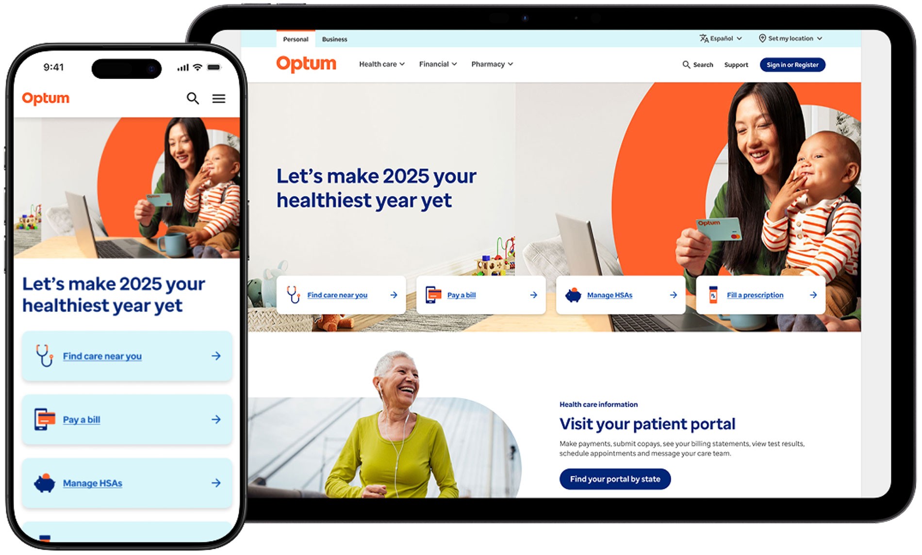 Optum homepage redesign shown on mobile and desktop screens, illustrating the updated homepage layout and visual hierarchy.