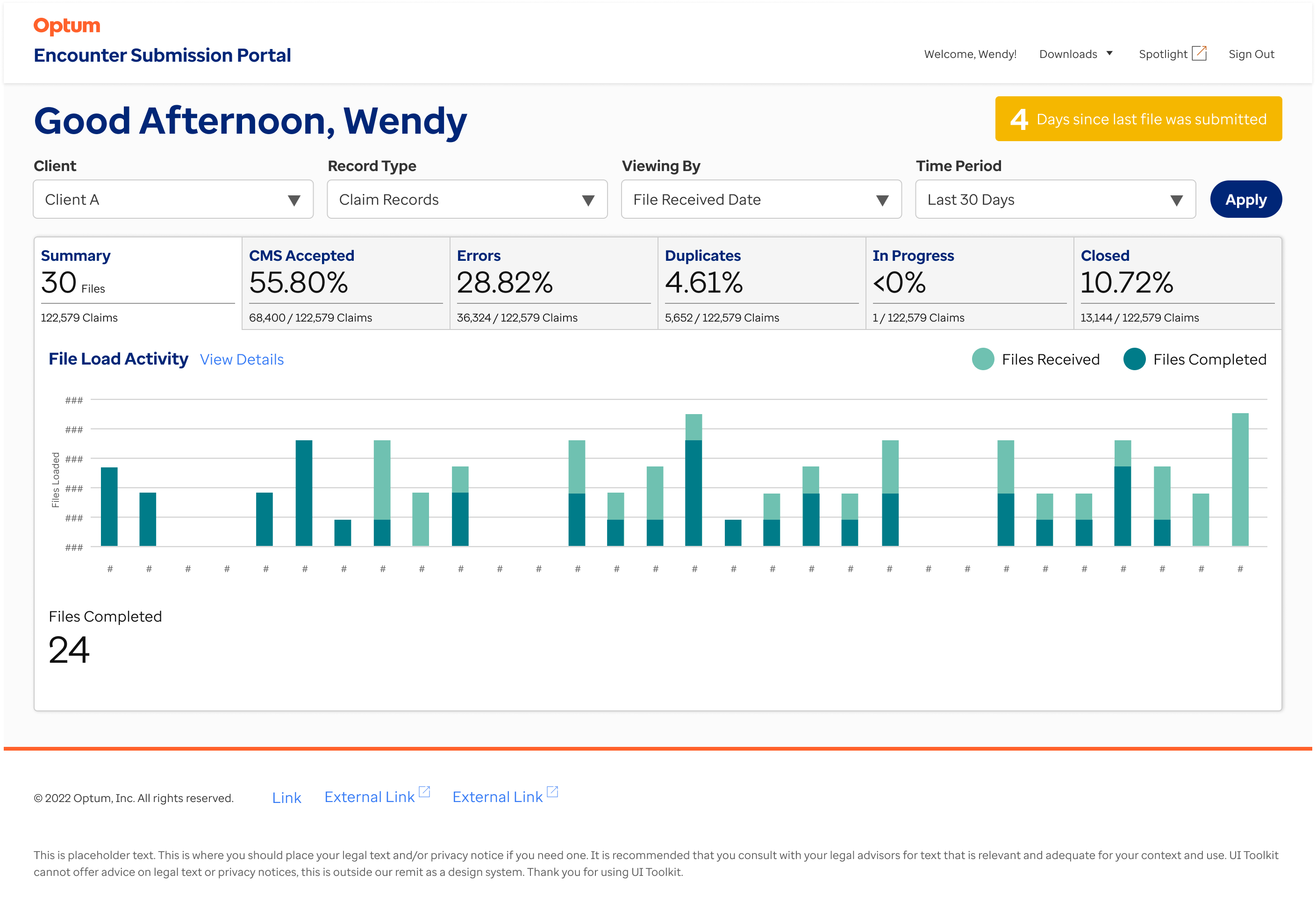 Encounter Submission Portal dashboard concept shown on desktop, illustrating a prototype for a regulated operational workflow with performance metrics and submission activity.